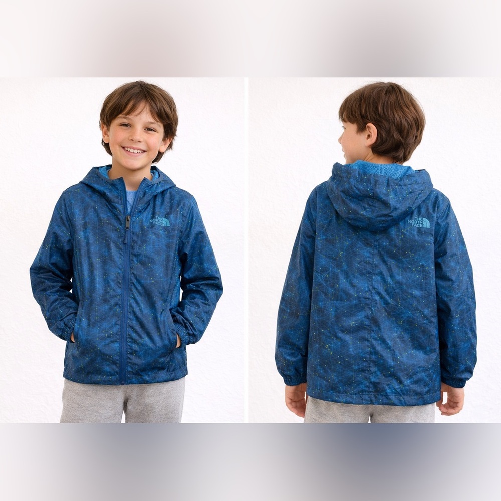 The North Face Blue Hooded Kids' Rain Jacket with Subtle Star Print